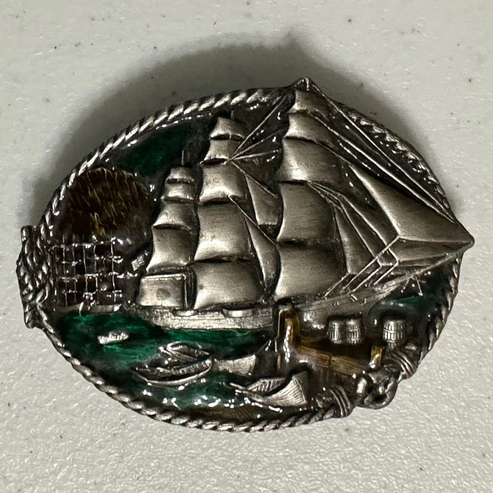 Bergamot Brass Works 1983 3D Sailing Clipper Ship Belt Buckle Enamel VTG Rudyard